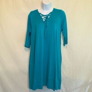 H-117 Hannah Closet NWT Teal Blue Lace up Short Sleeve‎ MIDI Dress Size M